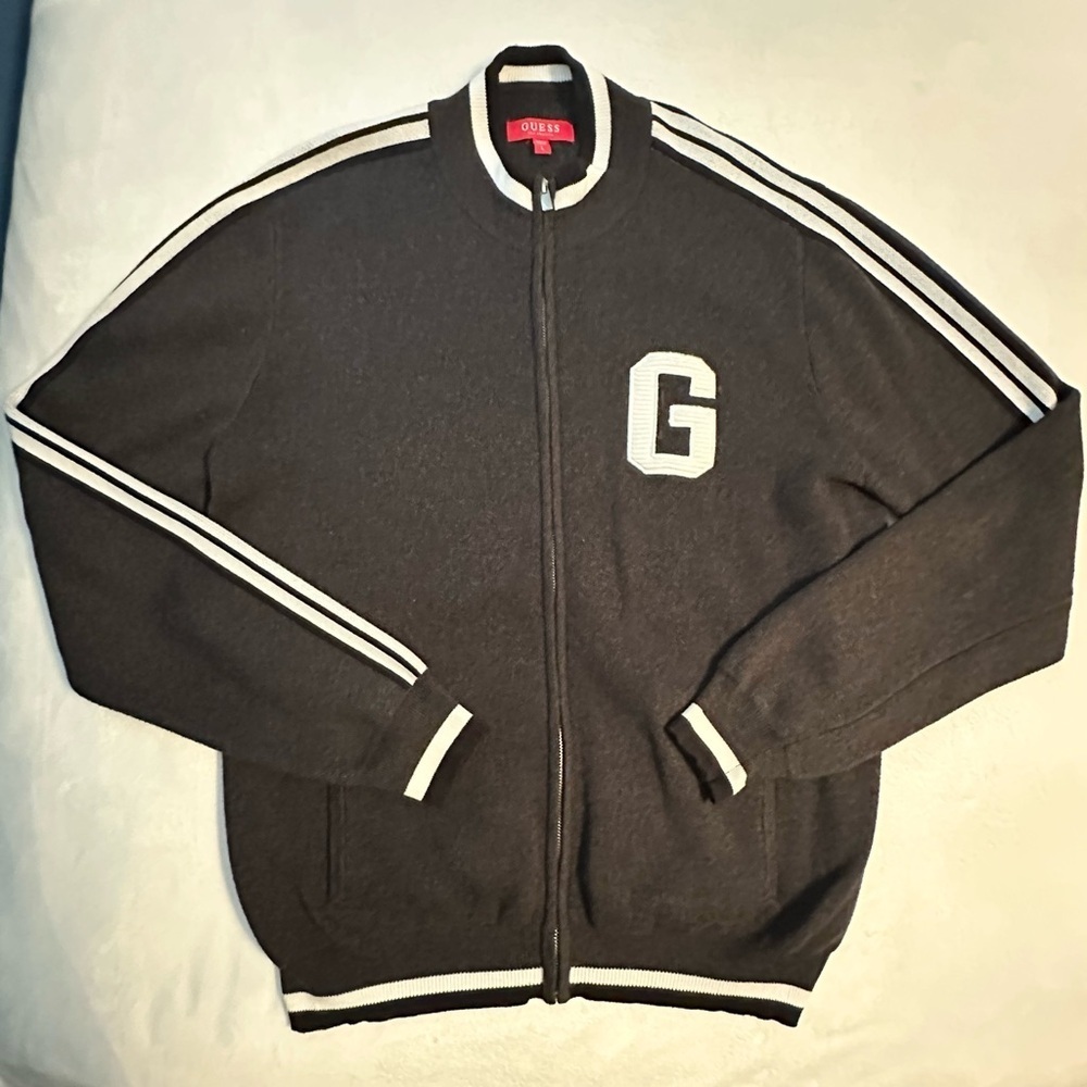 GUESS Letterman Varsity Sweater Mens L Preppy Charcoal Gray White Full Zip Y2K